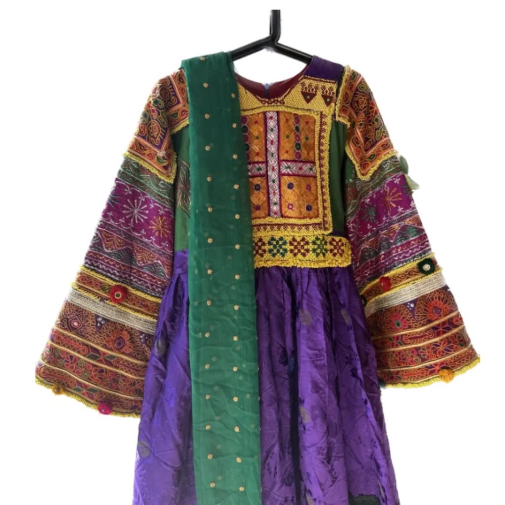Purple and Green Afghan Kuchi Dress Long, 3 Piece, Traditional, Medium Size